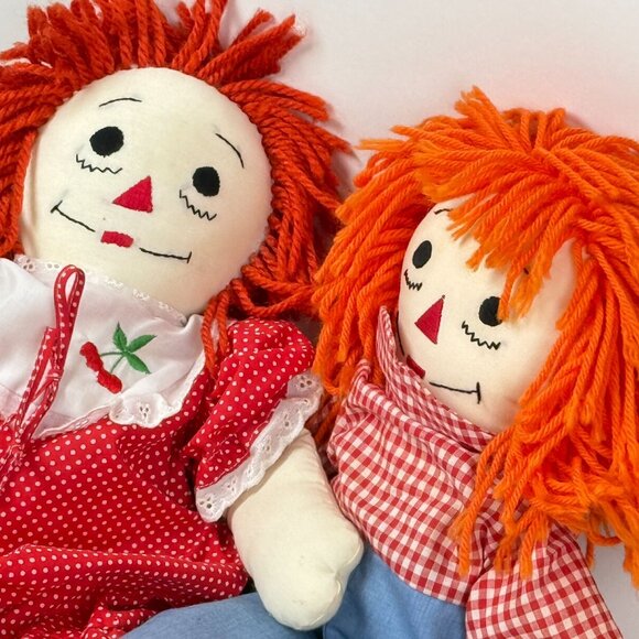 Vintage Raggedy Ann & Andy Dolls Soft Plush Pair 19” Red Polka Dot Clothes - Picture 2 of 11